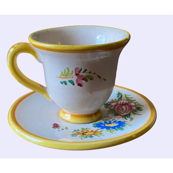 Flat Cup & Saucer Set with hand painted Flowers - Picture 1 of 12